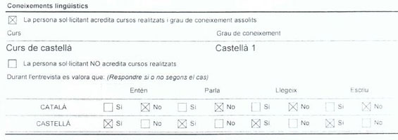 Detalle del informe de arraigo que muestra que el solicitante no conoce, lee, escribe y entiende el catalán porque no ha acudido a un curso de lengua catalana.