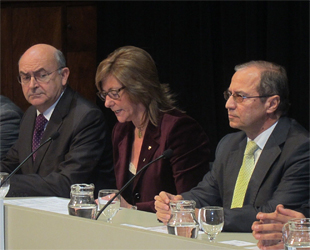 Miguel Ángel Gimeno, presidente del TSJC, Pilar Fernández Bozal, ex consejera de Justicia, y Rodríguez Sol, ex fiscal superior de Cataluña, en una imagen de archivo.