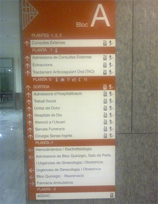 Panel informativo en interior del edificio nuevo del Hospital de San Pablo de Barcelona, exclusivamente en catalán (foto: Federico Llosa Marsé).