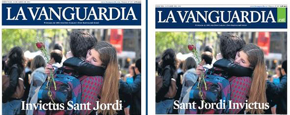Detalle de la imagen y texto de apertura de 'La Vanguardia' del 24 de abril de 2013, en sus ediciones en catalán y español.