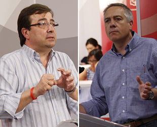 Fernández Vara y Navarro, en dos momentos de sus intervenciones en el Comité Federal del PSOE (foto: PSOE).
