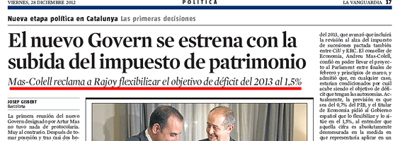 Así recogía 'La Vanguardia', el 28 de diciembre de 2012, la defensa del objetivo de déficit en el 1,5% para la Generalidad.
