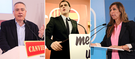 Navarro (PSC), Rivera (Ciudadanos) y Sánchez-Camacho (PP), líderes de las tres formaciones políticas con representación en el Parlamento autonómico que defienden -de maneras distintas- la permanencia de Cataluña con el conjunto de España.